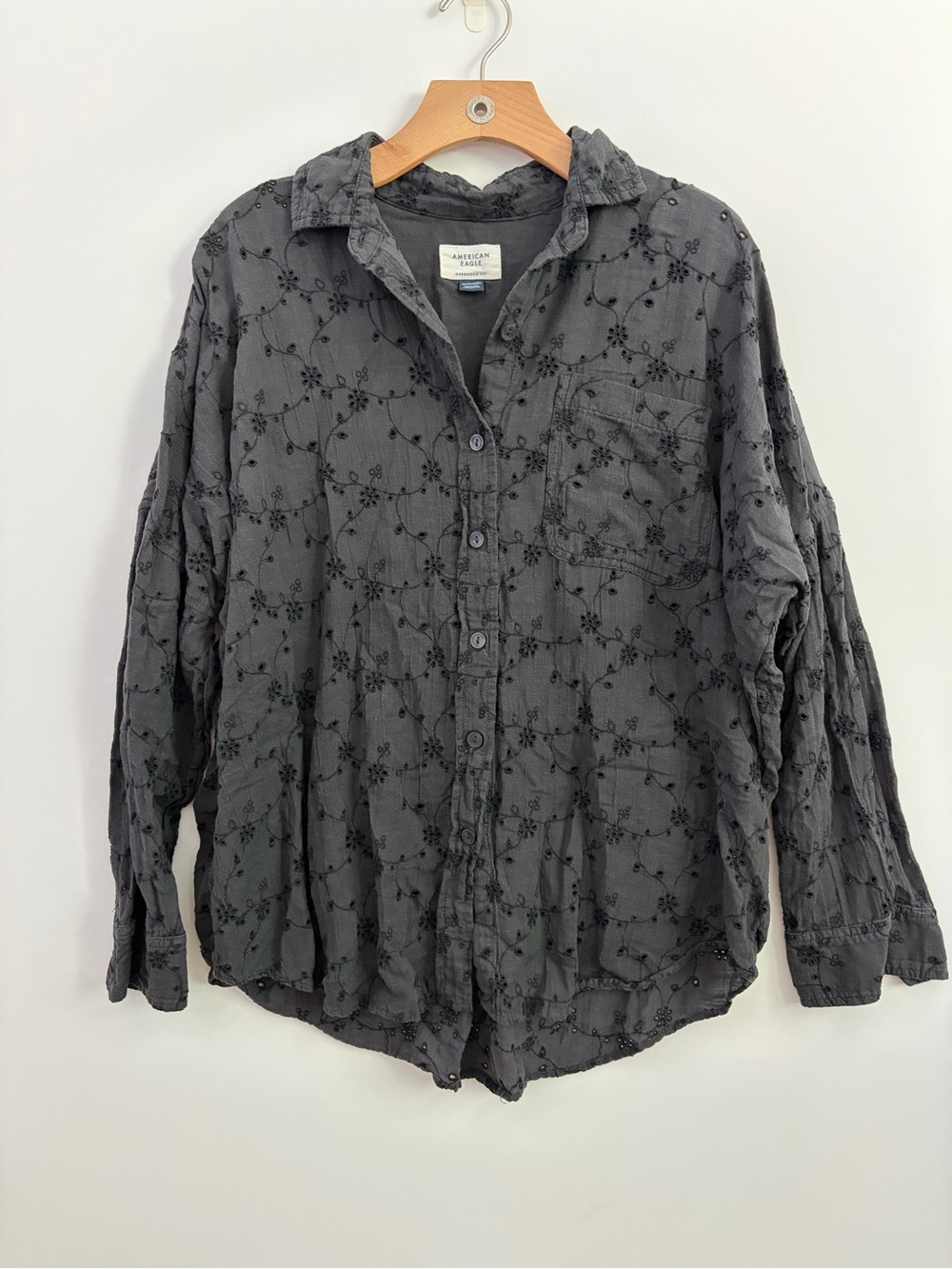 American Eagle Outfitters Charcoal Eyelet Button-Down Shirt